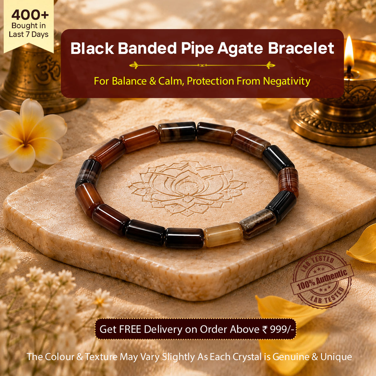 Black Banded Pipe Agate Bracelet for Protection & Stability
