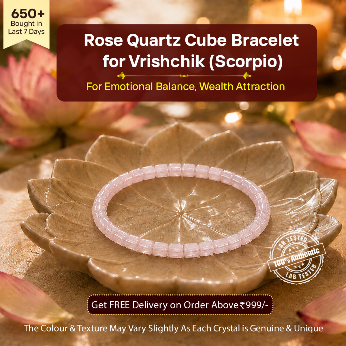 Rose Quartz Cube Bracelet for Vrishchik (Scorpio)